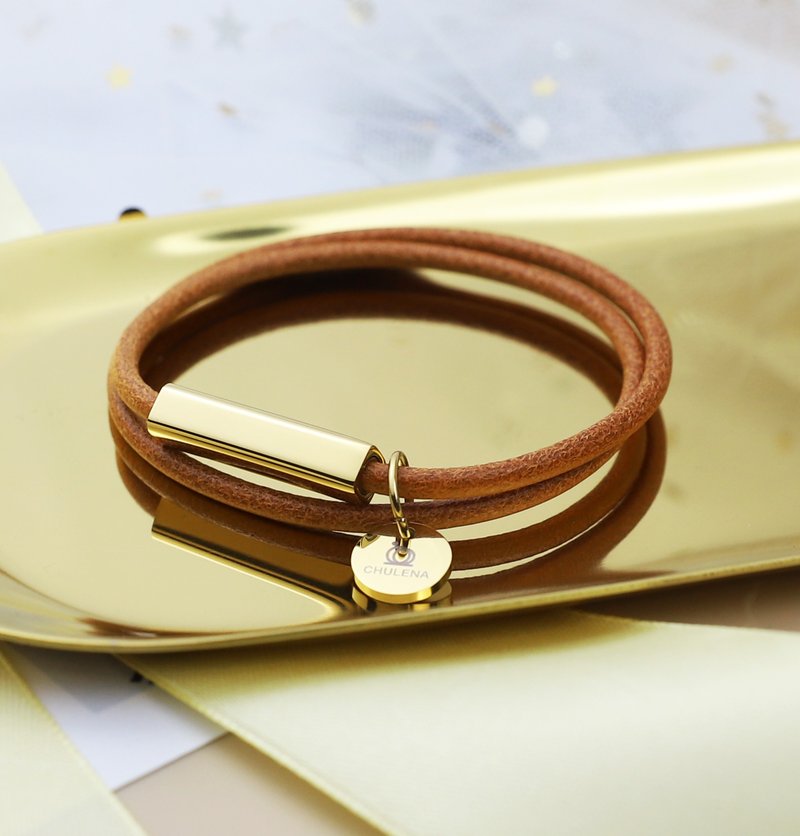 [Customized] Double-circle genuine leather round leather rope bracelet_gold (3 colors) /can be engraved - Bracelets - Genuine Leather Khaki