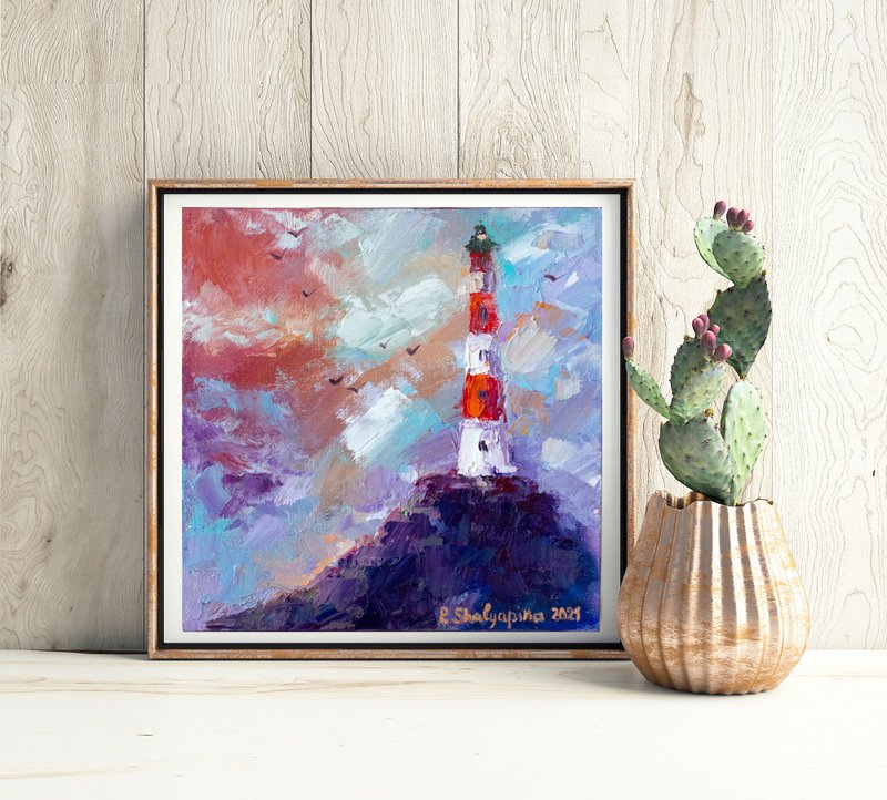 Lighthouse Oil Painting Original Art Seascape Artwork Cloudy Sky Wall Art - Posters - Other Materials Multicolor