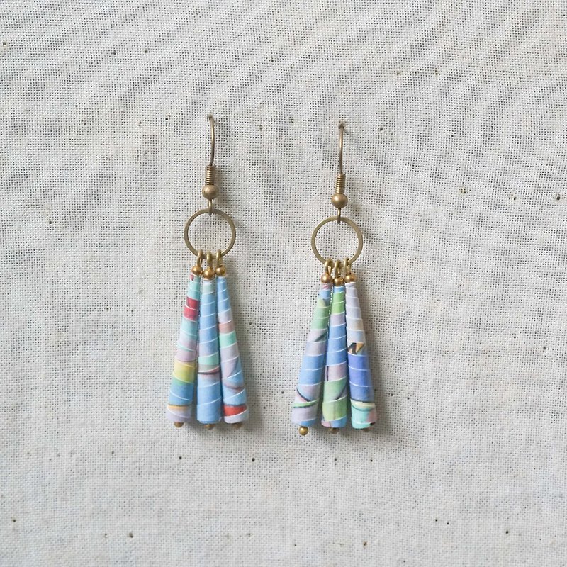 [Small roll paper hand-made/paper art/jewelry] pink Teal color long awl earrings - ต่างหู - กระดาษ สีน้ำเงิน
