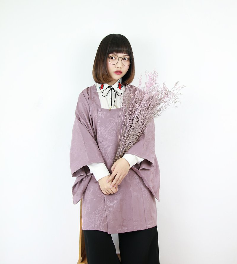 Back to Green 日本帶回 道行 淺粉紫 插圖風格滿版 vintage kimono KD-09 - 外套/大衣 - 絲．絹 