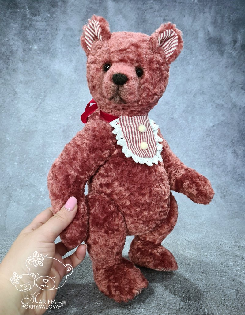 Handmade teddy bear. 34 cm plush bear toy. Dark pink teddy bear birthday gift. - 玩偶/公仔 - 其他材質 紅色