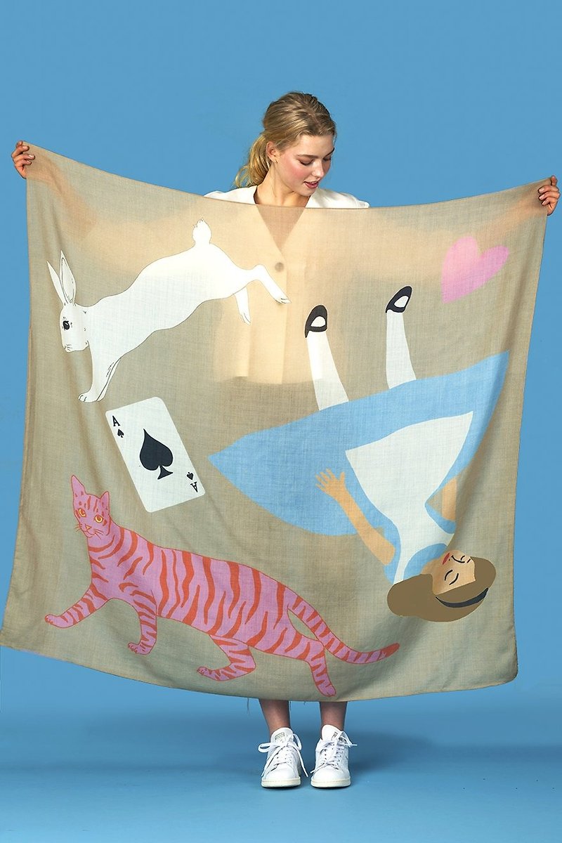 Alice in wonderland oversized cashmere blend scarf - ผ้าพันคอถัก - ผ้าไหม สีกากี