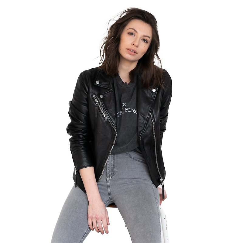 [Special offer with minor imperfections] [GIPSY, Germany] PGGW14 Asymmetric zipper classic knight leather jacket - black - เสื้อแจ็คเก็ต - หนังแท้ สีดำ