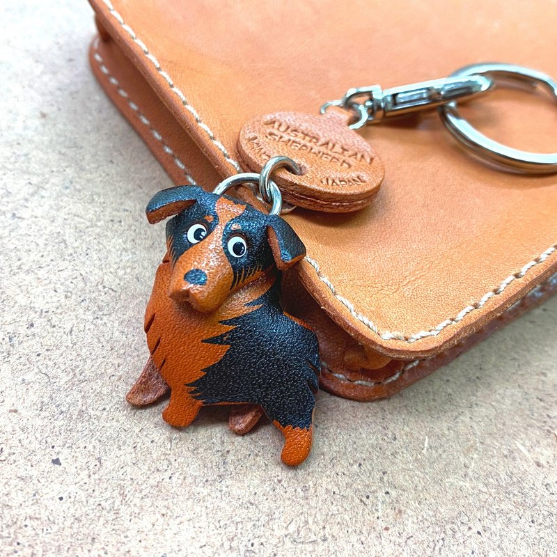 Australian Shepherd handmade Leather Keychain lead charm collar charm - Keychains - Genuine Leather Brown