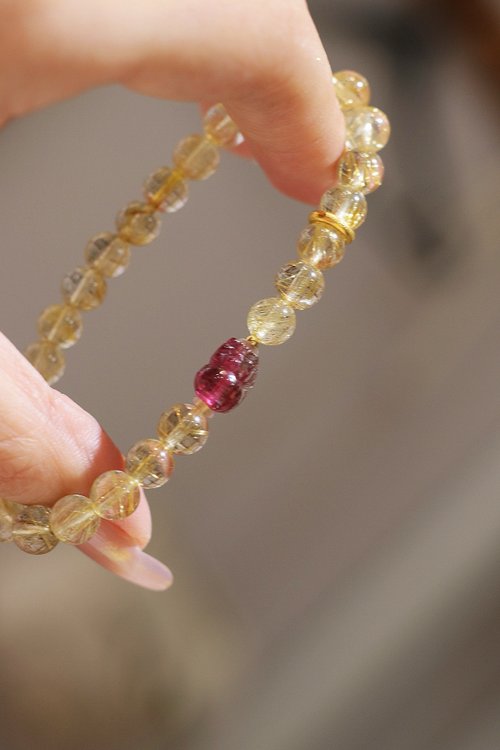 Angel's tears 天使之淚 Jewelry Design 7mm天然原礦金髮晶水晶 碧璽貔貅18k金設計單圈手串