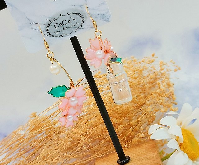 桜の花ガラス花瓶非対称ダングルイヤリングファッション宝石用接着剤 ...