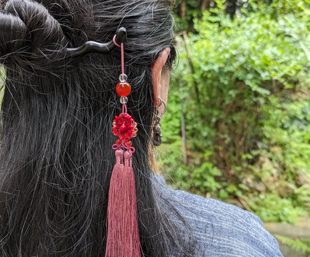 ブラック赤瑪瑙タッセル ヘアピン ヘアピン中国結びタッセル古典