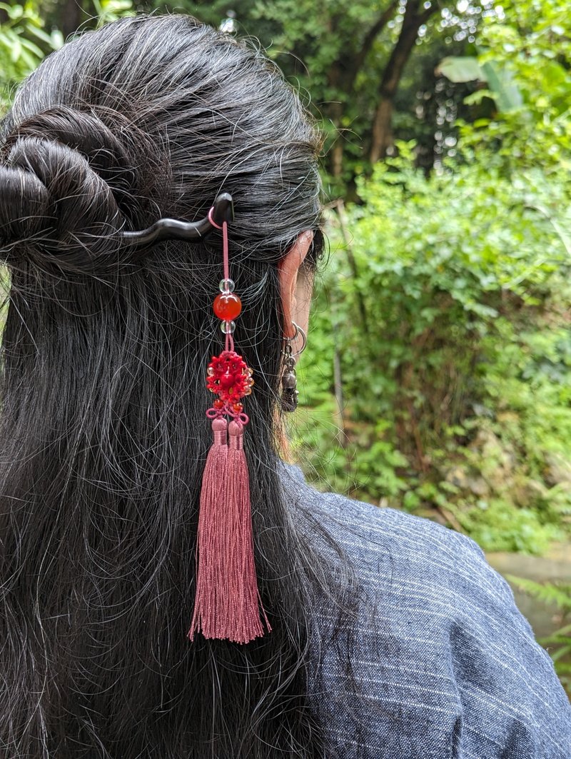 Ebony red agate tassel hairpin hairpin Chinese knot tassel classical Hanfu hair accessories - เครื่องประดับผม - เครื่องประดับพลอย สีแดง