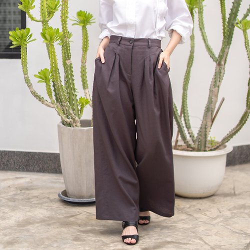 Candith Natural Linen Pants Wide Leg Pants - Taupe Brown