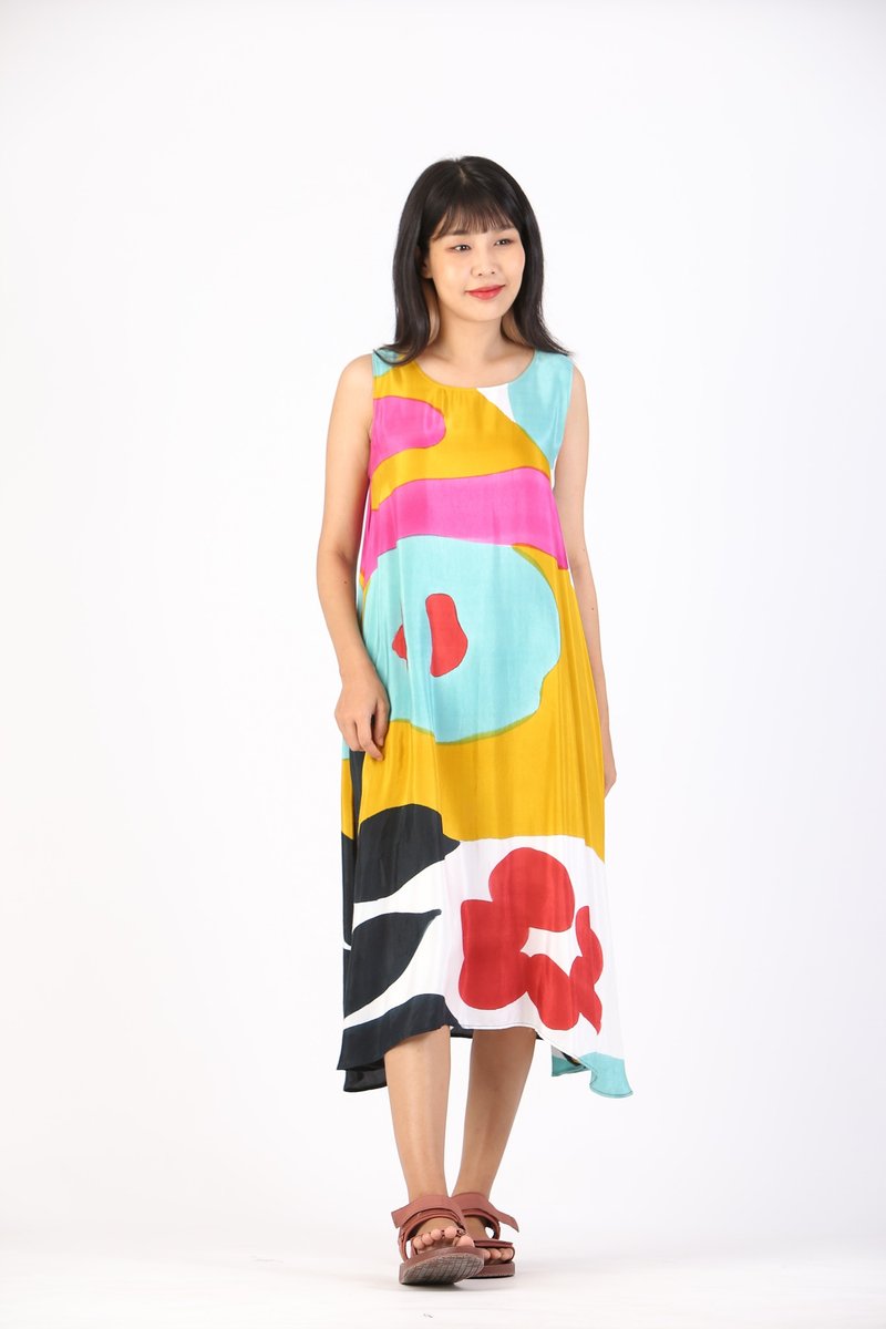 Dress Hand Paint Soft Cotton Silk for Yoga Vacation Holidays Summer Beach - 洋裝/連身裙 - 棉．麻 黃色