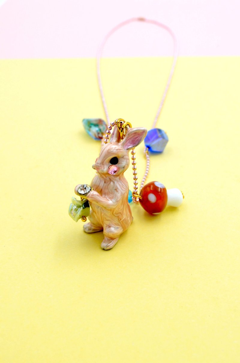 TIMBEE LO Pink Rabbit Necklace Necklace Ceramic Mushroom Charm Alice Fantasy Fairy Tale - Necklaces - Other Metals Pink
