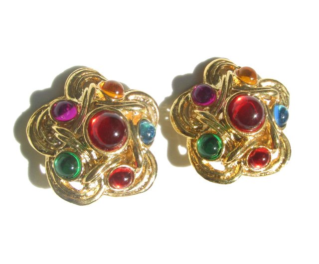 70s Vintage multicolor parts gold tone flower motif earrings 