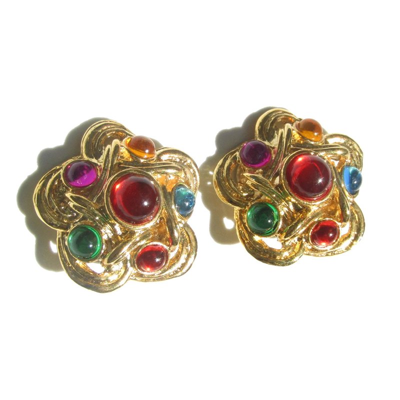 70s Vintage multicolor parts gold tone flower motif earrings - 耳環/耳夾 - 其他材質 金色