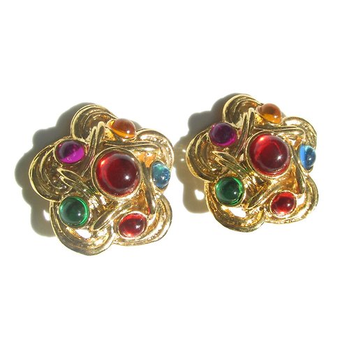 panic-art-market 70s Vintage multicolor parts gold tone flower motif earrings