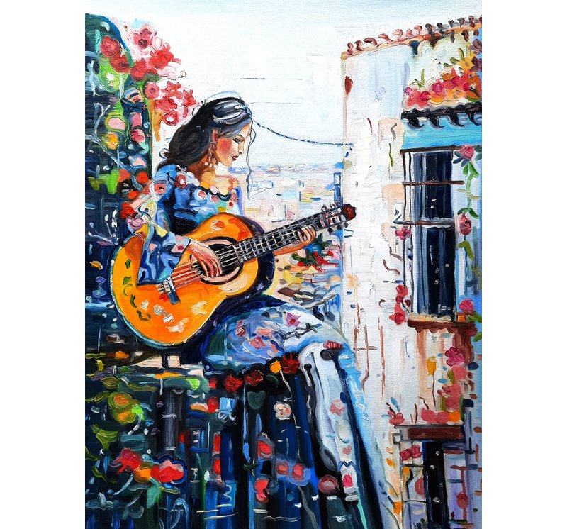 原創畫 The Girl play a gitar  Painting  Original Art  Oil Painting  Oil On Canvas - 壁貼/牆壁裝飾 - 其他材質 白色