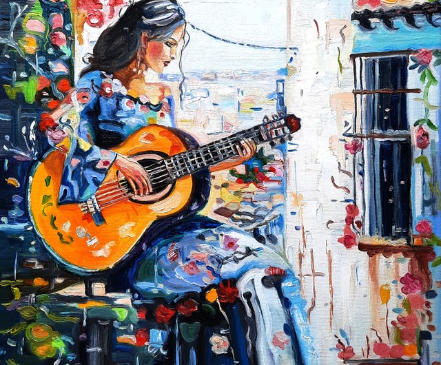 原創畫 ギターを弾く少女 絵画 オリジナルアート 油絵