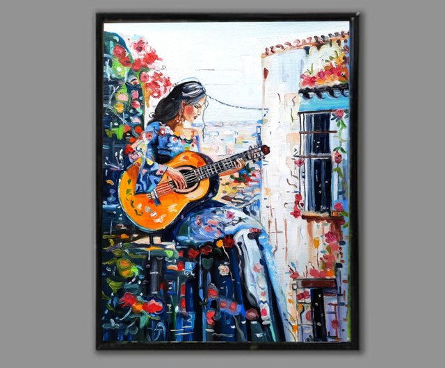 キャンバスアート　油絵 原創畫 ギターを弾く少女 絵画 オリジナルアート 油絵