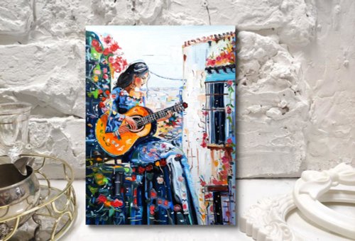 原創畫 ギターを弾く少女 絵画 オリジナルアート 油絵