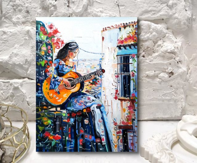 原創畫 ギターを弾く少女 絵画 オリジナルアート 油絵