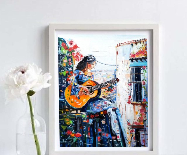 原創畫 ギターを弾く少女 絵画 オリジナルアート 油絵