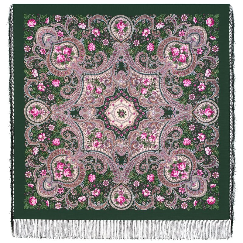 Pavlovo Posad Russian Shawl 100% Wool Scarf 125x125 cm Wrap Silk Fringe 1959-9 - 絲巾 - 羊毛 綠色
