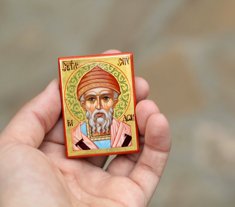 hand painted orthodox wood icon Saint Spyridon Trimifunt pocket size miniature - 其他 - 木頭 金色