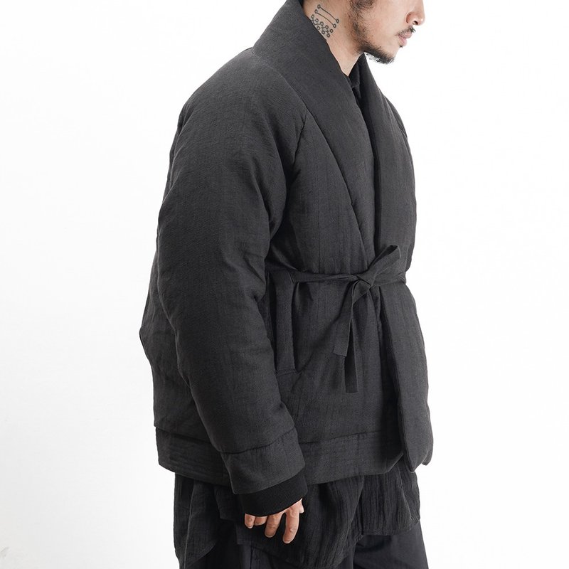 冬季日系男裝寬鬆中國風復古短道袍款加厚羽絨服外套 - 男夾克/外套 - 棉．麻 黑色