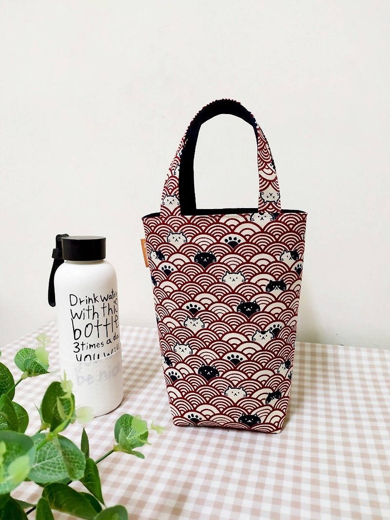 Jiajiajiu series water bottle bag/drink bag/portable canvas bag/corrugated cat style - Beverage Holders & Bags - Cotton & Hemp Red