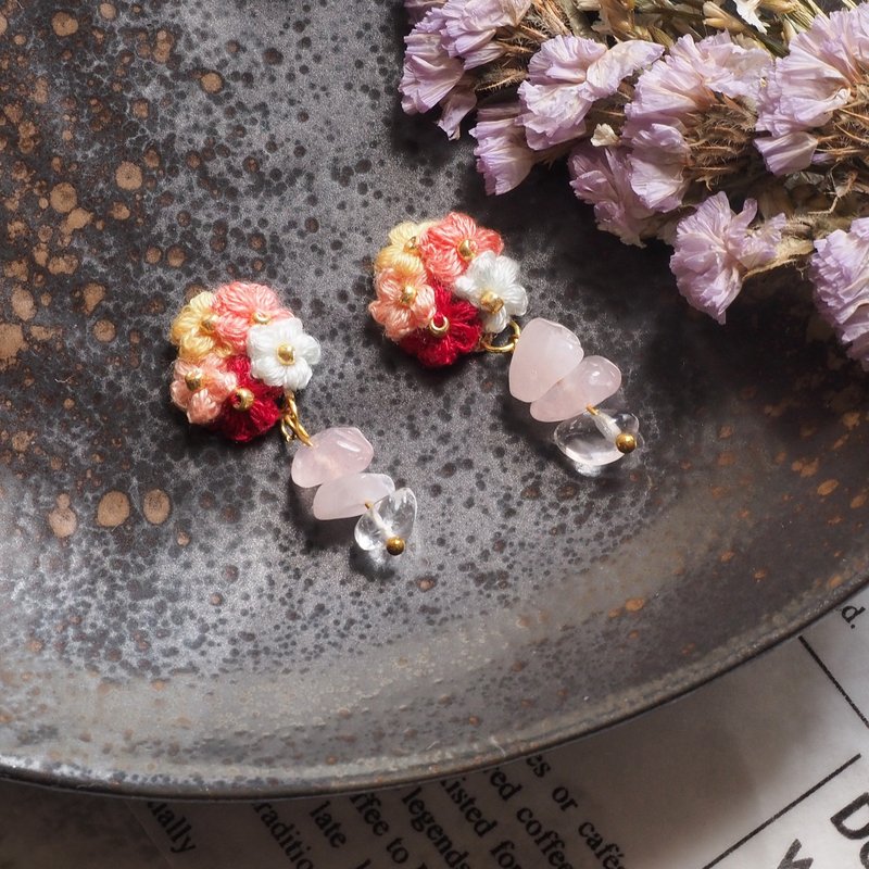 Tiny Crocheted Flower Bouquet Earrings with Rose Quartz and Crystal - Earrings & Clip-ons - Thread Red