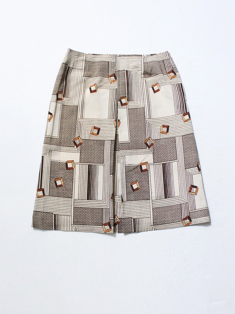[RE1005SK174] autumn retro geometric square block print vintage dress vintage skirt - Skirts - Polyester Khaki