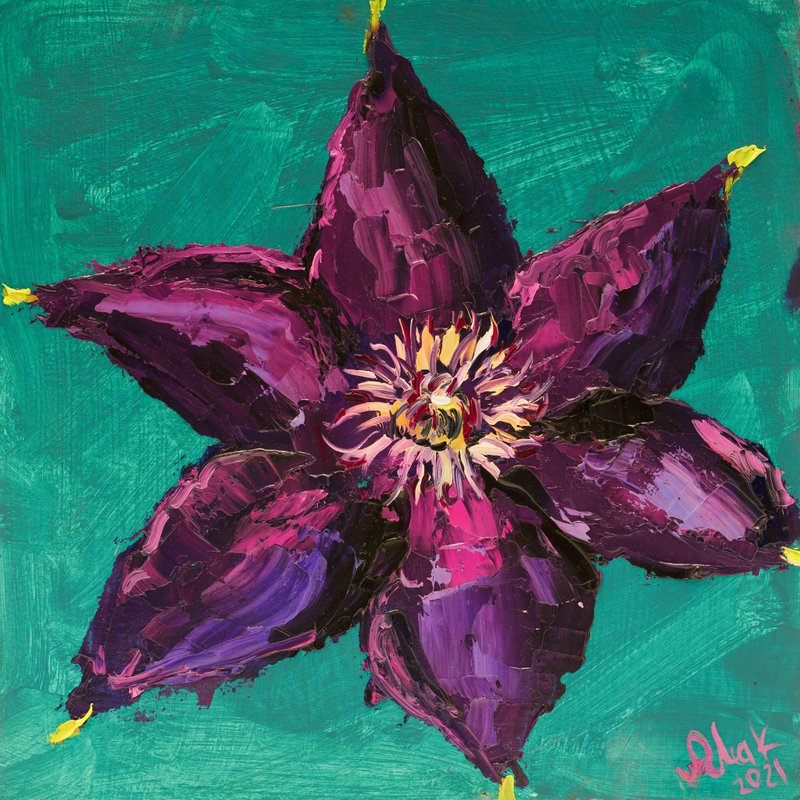 Clematis Painting Small Floral Original Painting Tiny Oil Painting Impasto Flowe - 海報/掛畫/掛布 - 其他材質 紫色