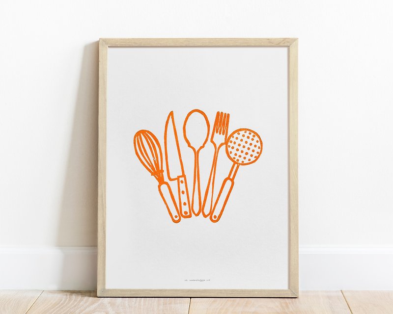 Orange kitchen utensils Spoon fork knife whisk Linocut print Kitchen wall art - 海報/掛畫/掛布 - 紙 橘色