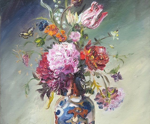 花瓶に入った美しい花の静物画油絵オリジナルアートワーク - ショップ