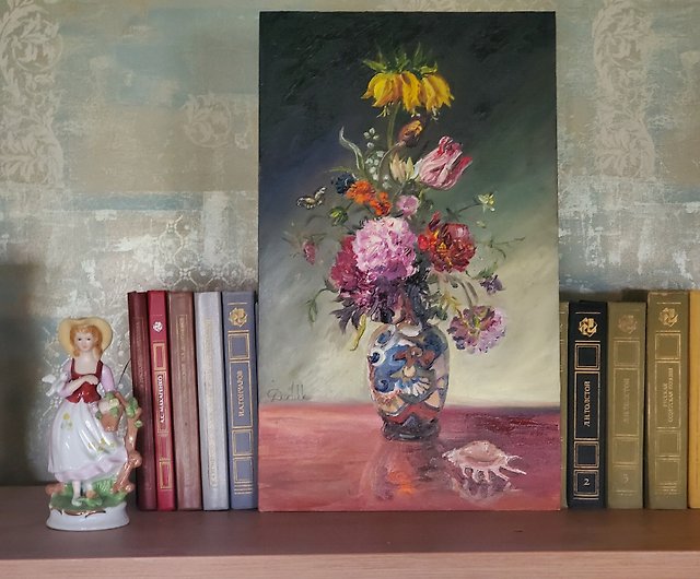 花瓶に入った美しい花の静物画油絵オリジナルアートワーク - ショップ