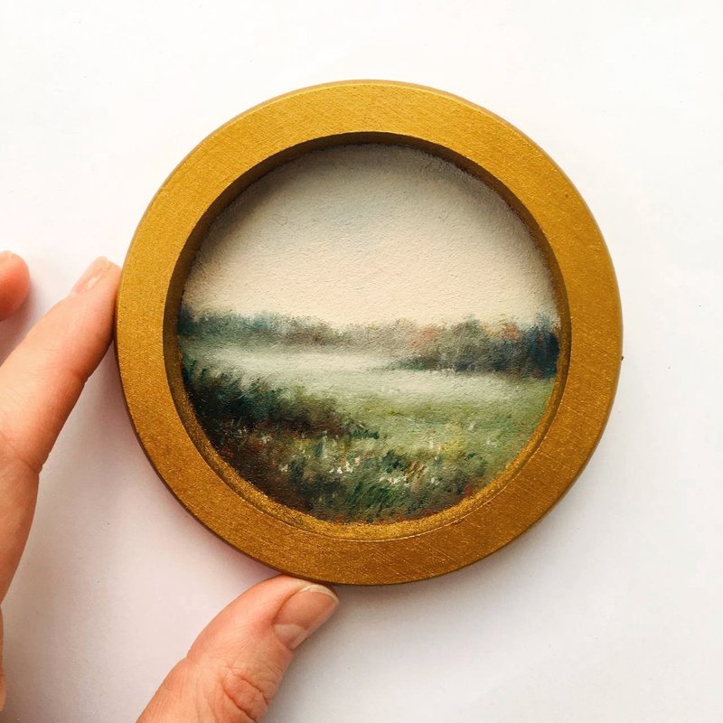 Framed Painting Victorian Round Gold Gift Small Original landscape minimalist - 壁貼/牆壁裝飾 - 其他材質 綠色