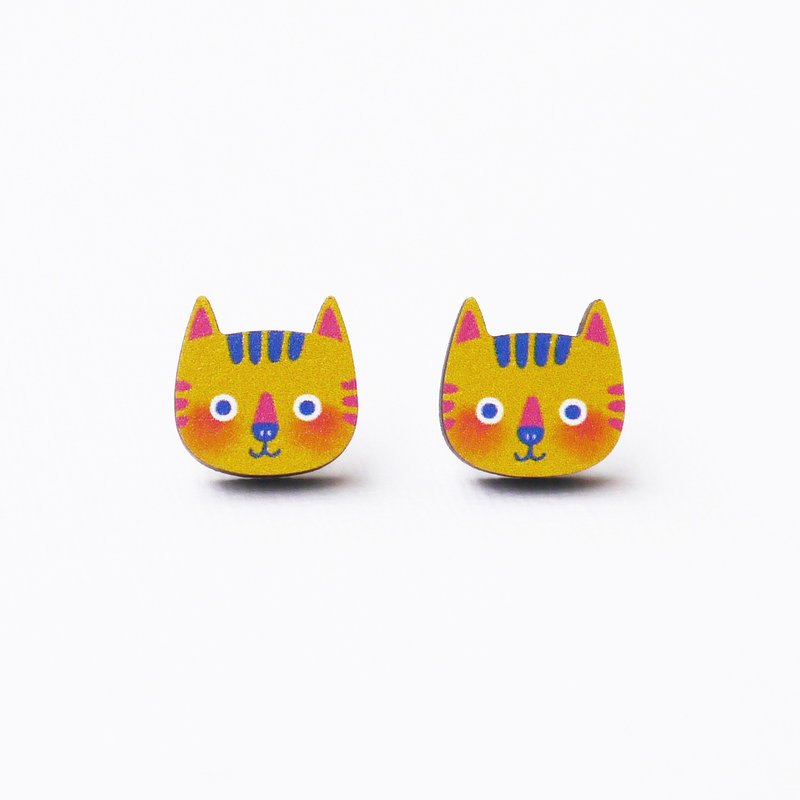 Momo The Yellow Cat 摸摸黃色小貓木製耳環 原創插畫 耳針耳夾 - 耳環/耳夾/耳骨夾 - 木頭 黃色