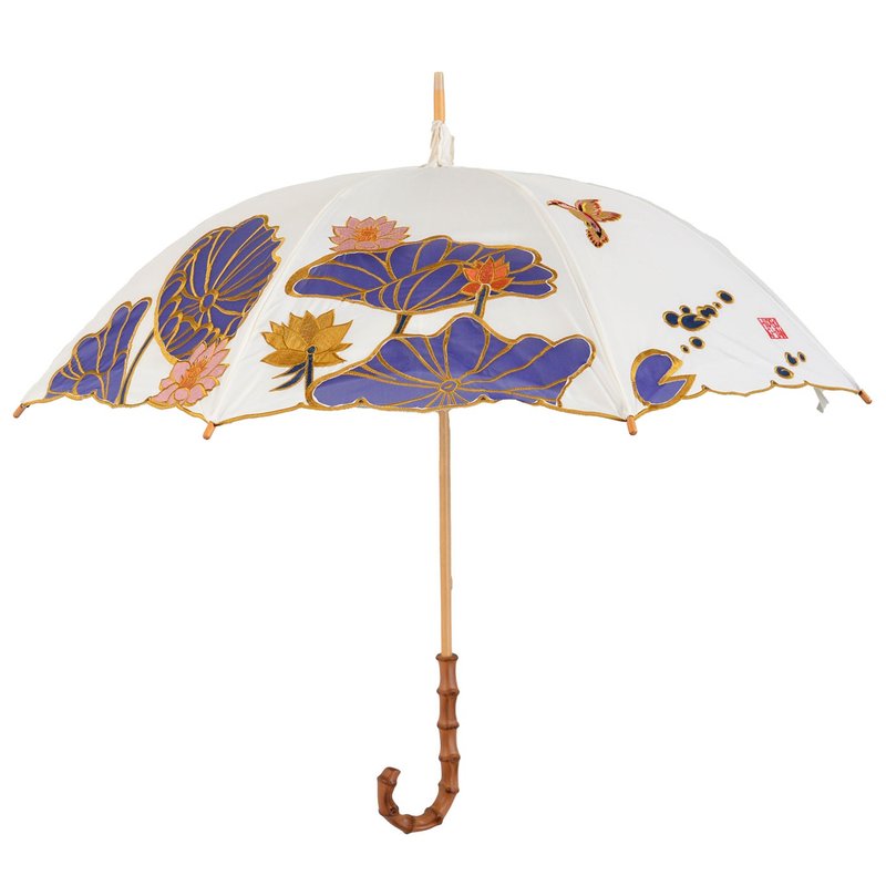 embroidered  long sunshade umbrella (Lotus/white) - Other - Polyester White