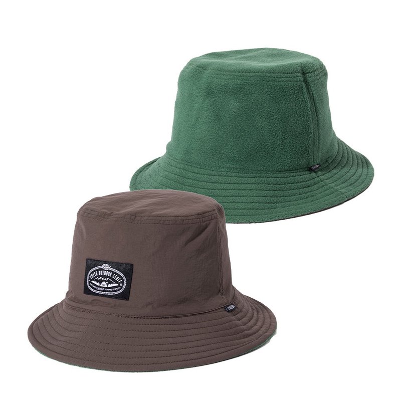 日本限定 POLER REVERSIBLE BUCKET HAT 毛帽尼龍雙面漁夫帽/棕綠 - 帽子 - 其他材質 咖啡色