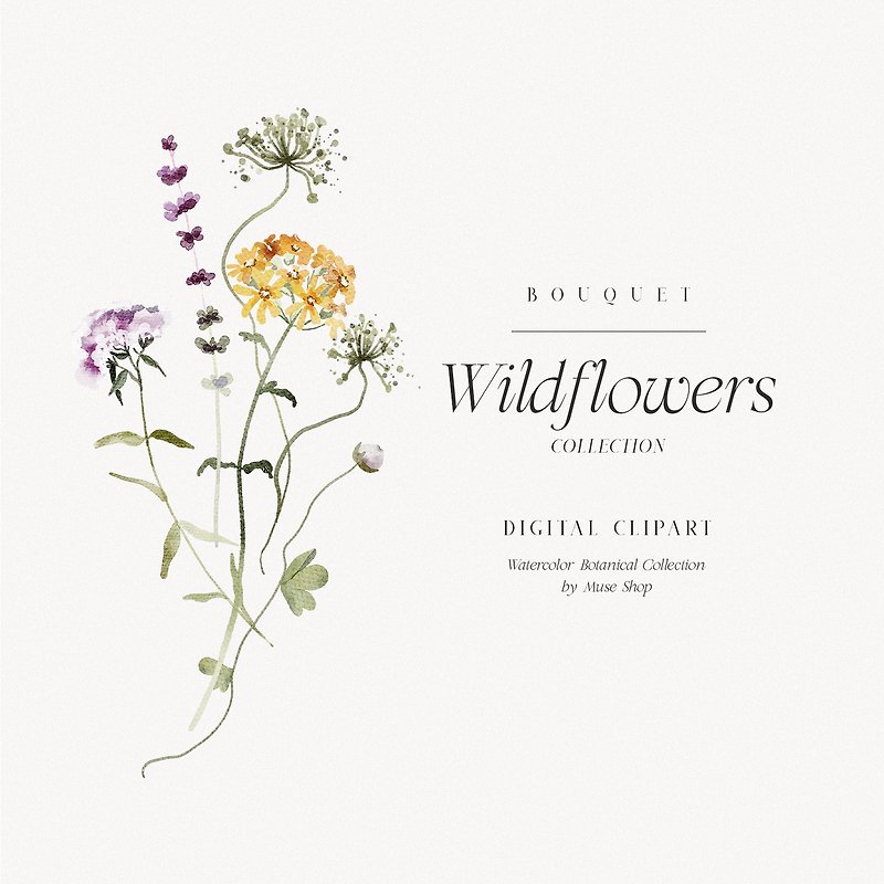 野生の花のデジタルクリップアート、水彩の春/夏の花束、野生の花