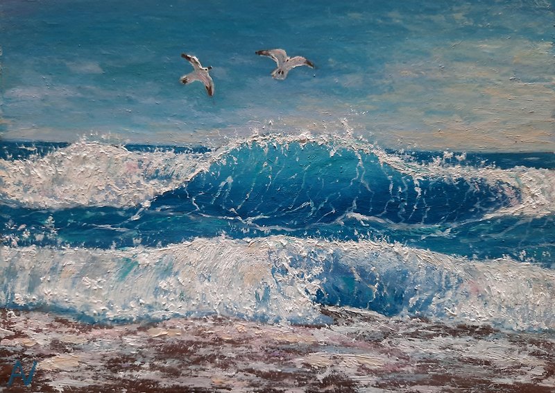 大きな青い波の油絵、海の風景のミニチュア、カモメのカップルの手作りの壁アート - ウォールデコ・壁紙 - サステナブル素材 多色