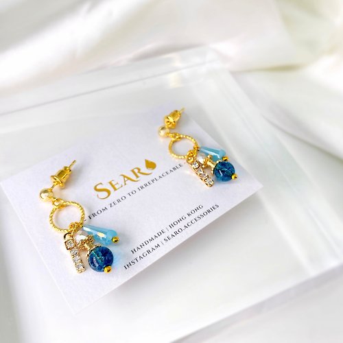 Searo.Accessories 藍水晶 精緻感 閃鑽 天然石水晶短款耳環 純銀耳針