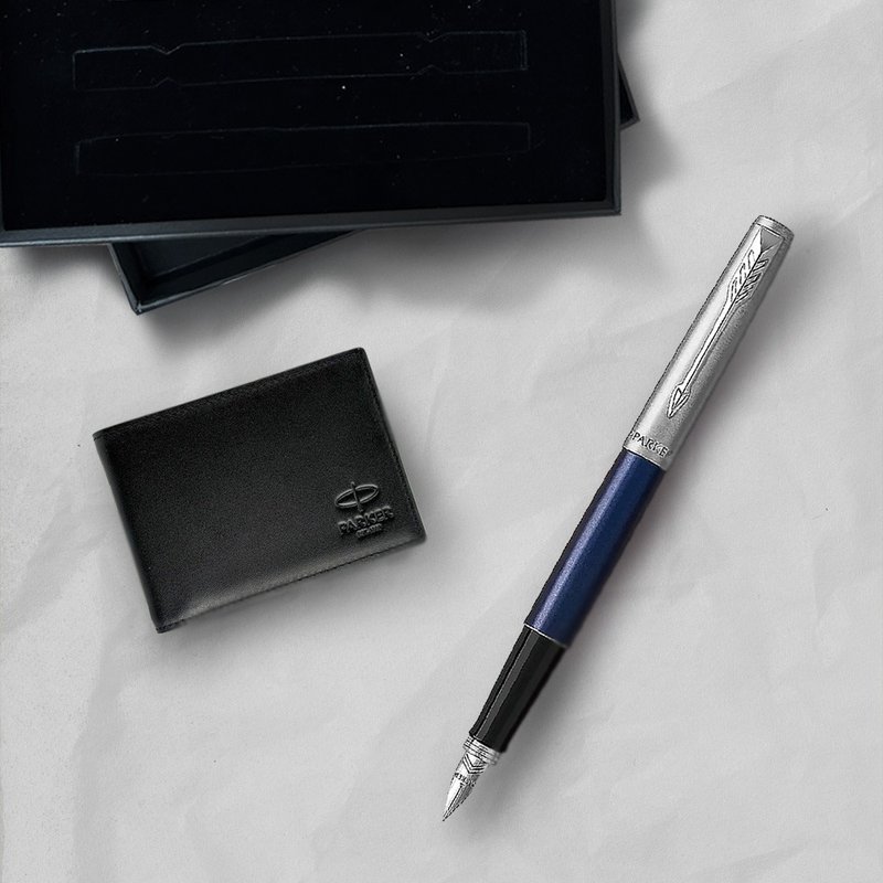 Parker 派克Jotter原創系列(鋁桿)藍鋼筆牛皮短夾禮盒   免費刻字 - 鋼筆 - 其他金屬 藍色