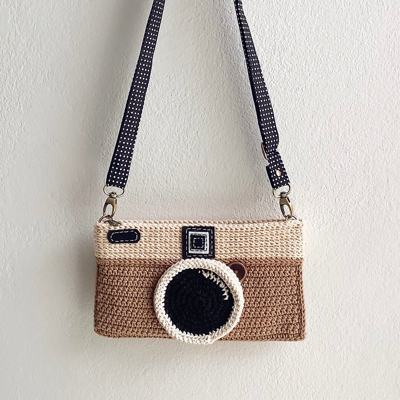 Brown and White Vintage Camera Crochet Bag | chest back, cross-body bag. - Messenger Bags & Sling Bags - Cotton & Hemp Brown