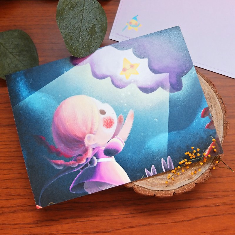 Girl and Little Star-Illustrated Postcard - การ์ด/โปสการ์ด - กระดาษ สีน้ำเงิน