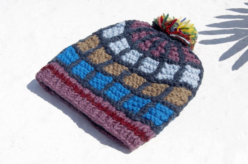 Christmas gift Christmas gift for the full moon limited one children's wool hat / knitted pure wool warm hat / children's knitted wool hat / inner bristle hat / knitted wool hat / children's wool hat-Scandinavian style geometric checkered palette - Other - Wool Multicolor