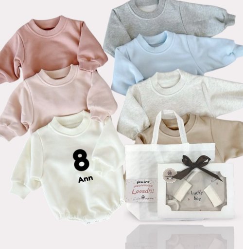 BABY-MURMUR 滿滿 彌月禮盒 親子裝 #不限語言客製化 #生日月份 加絨長袖大學包屁衣夾衣 週歲 滿月