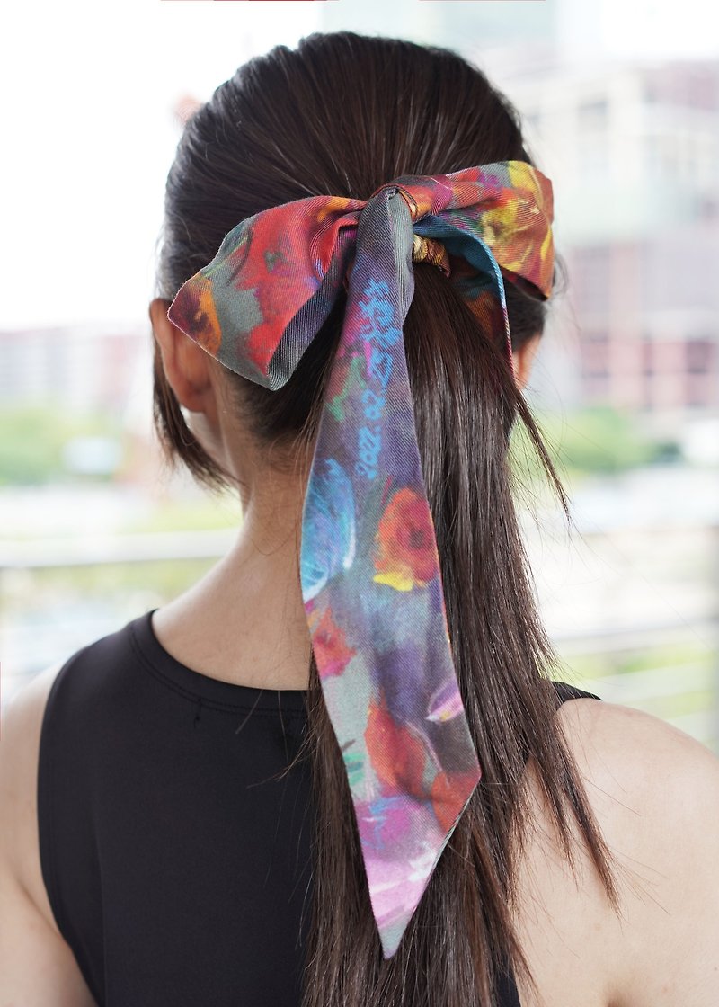 Walk with flowers long silk scarf/beveled silk scarf/hairband gift box gift - Scarves - Cotton & Hemp Multicolor