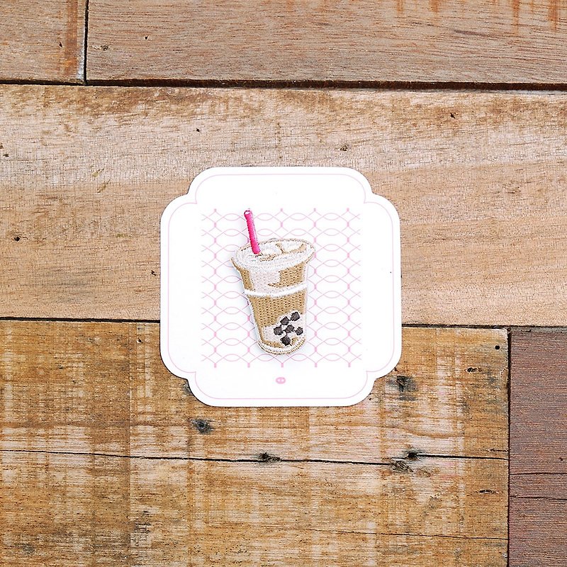 MOGU/Grocery/Embroidered Pins-Pearl Milk Tea - เข็มกลัด - งานปัก สีกากี