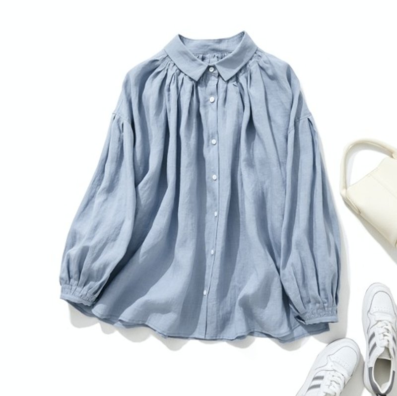 2023年新色百搭亞麻襯衫，100%亞麻，長袖，淺藍色，220606-2 - 女裝上衣 - 棉．麻 