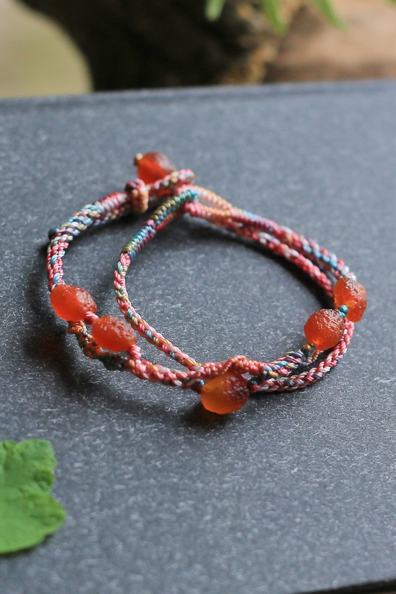 Spring and Autumn Handmade Kumihimo| Agate Raw Stone Honey Orange Color | Double Circle Lucky Bracelet | Unique - สร้อยข้อมือ - เครื่องประดับพลอย 